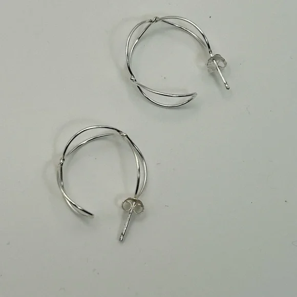 Sterling Silver Twisted Hoop Earrings Posts Stamped 925 Dainty 1" - Picture 2 of 9